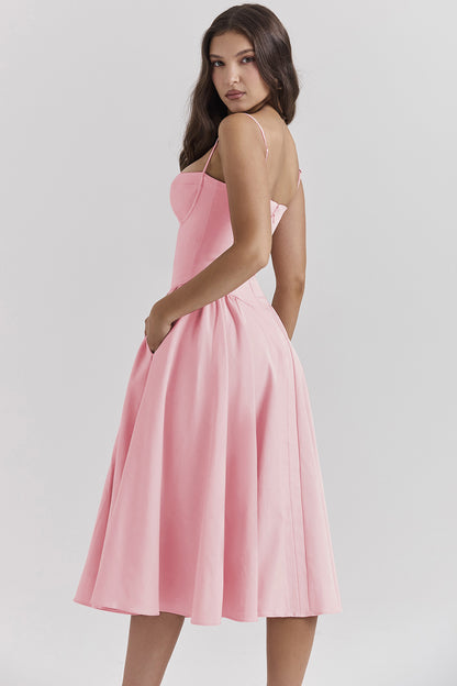 Elegant French Midi Dress Sleeveless Fit Flare Blue