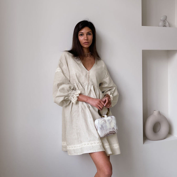 Cotton Linen V Neck Puff Sleeve A-Line Dress