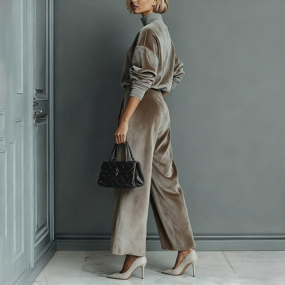 Velvet Mock Neck Wide Leg Pants Two Piece Lounge Set