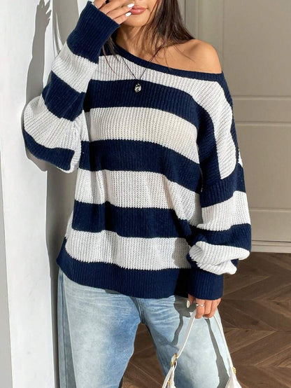 Women's Oversized Striped Crew Neck Casual Sweater