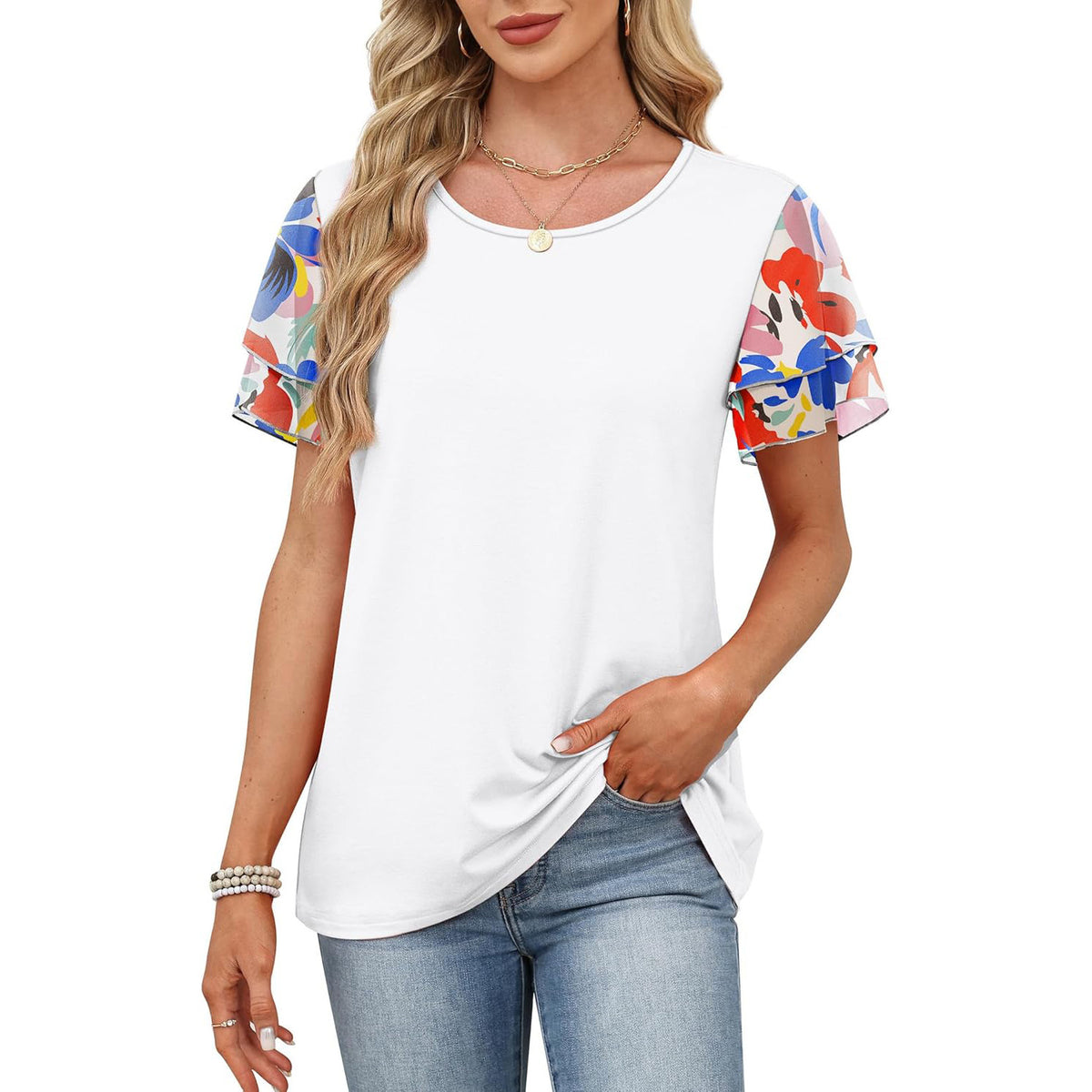 Women's Paisley Color Block Layered Sleeve Casual T-Shirt