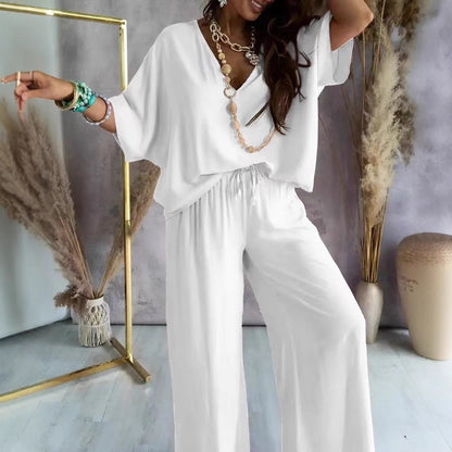 Women's V-Neck Batwing Wide Leg Pants 2-Piece Set