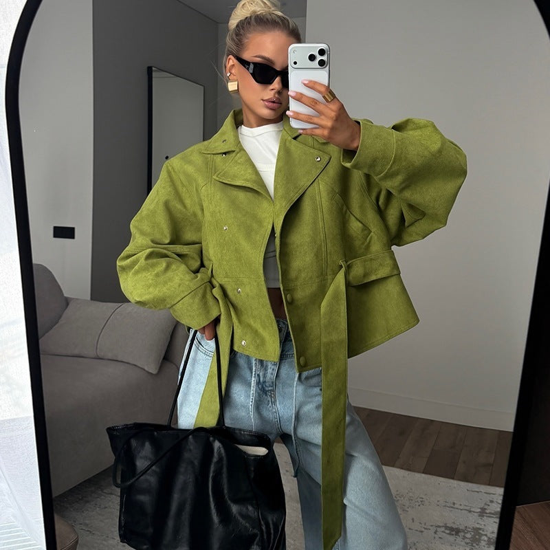 Women's Belted Cropped Jacket Stand Collar Trench Coat