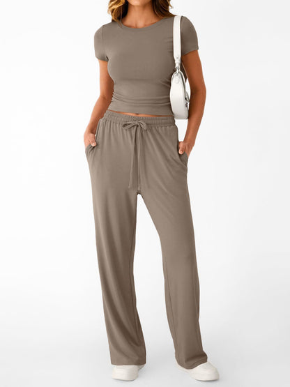 Crop Tee & Wide Leg Pants Lounge Set for Women