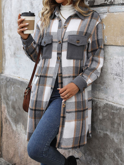 Plaid Shirt Jacket for Women - Long Button Front Coat