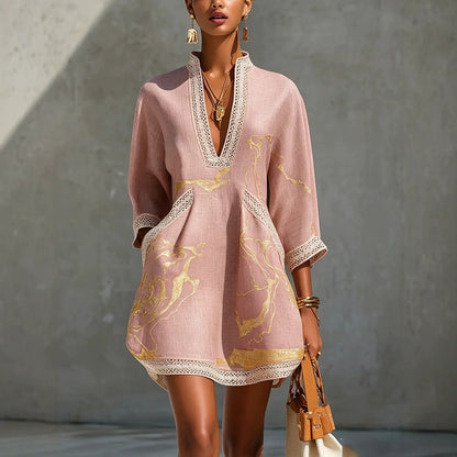Boho V Neck Lace Trim Gold Abstract 3/4 Sleeve Mini Dress