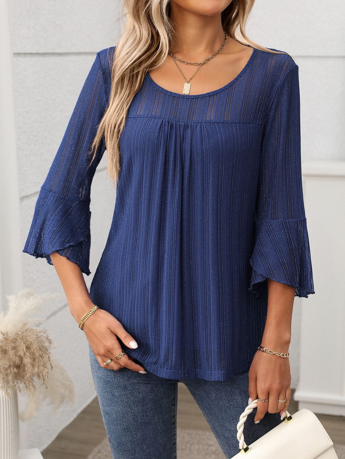 Elegant Round Neck Lotus Leaf Sleeve Mesh Top