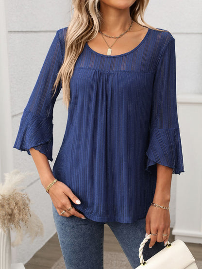 Elegant Round Neck Lotus Leaf Sleeve Mesh Top