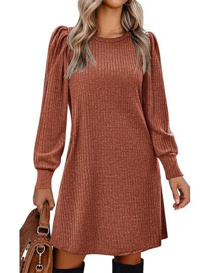 Ribbed Puff Sleeve A-Line Midi Sweater Dress