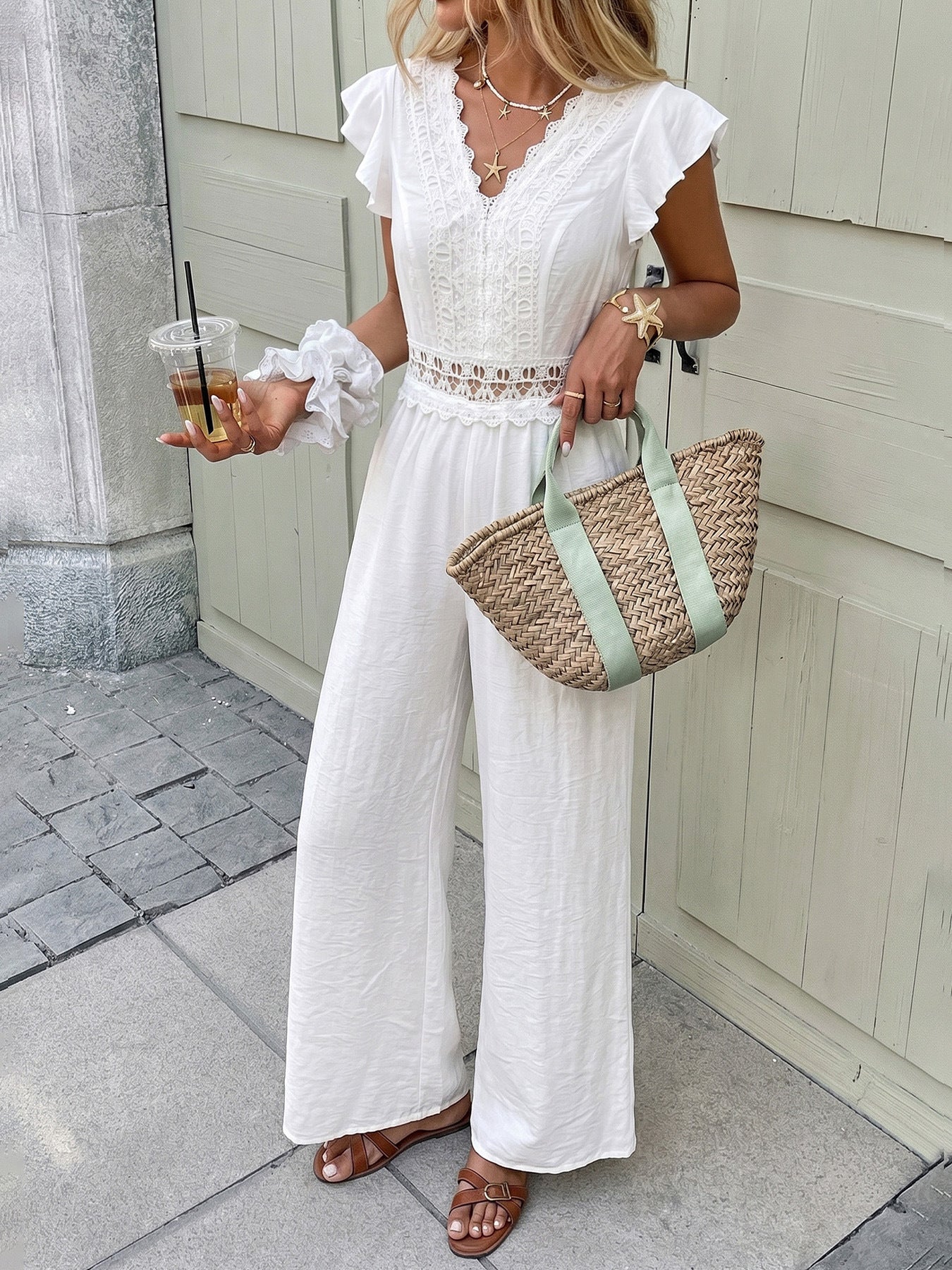 Lace Flutter Sleeve Wide Leg Jumpsuit Resort Outfit
