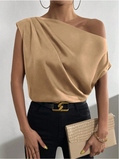 Satin One Shoulder Draped Blouse Sleeveless Top