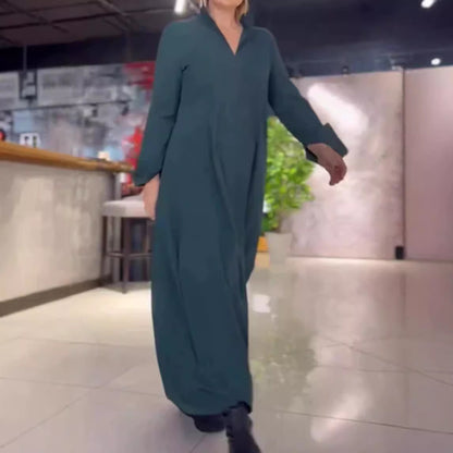 Women's Casual V Neck Long Sleeve Maxi Dress with Pockets
