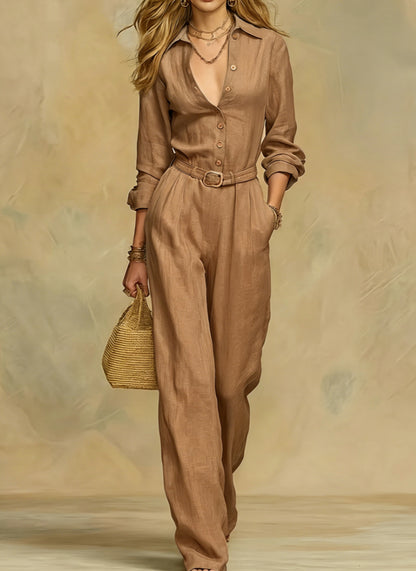 Women's Button Down Belted Wide Leg Jumpsuit