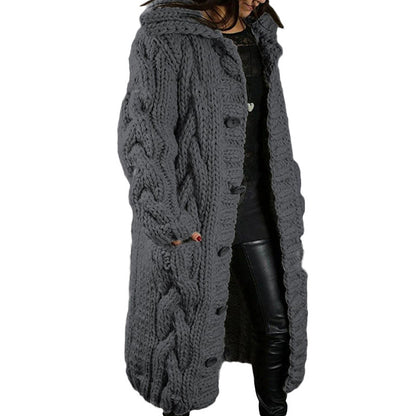Women's Chunky Cable Knit Hooded Long Cardigan Plus Size