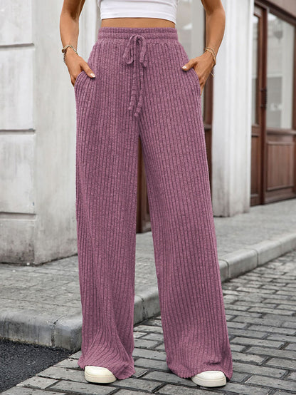 Women Ribbed Wide Leg Pants Drawstring Elastic Waist