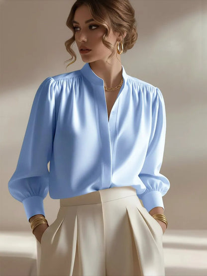 Women's Satin Puff Sleeve Blouse Mandarin Collar Top