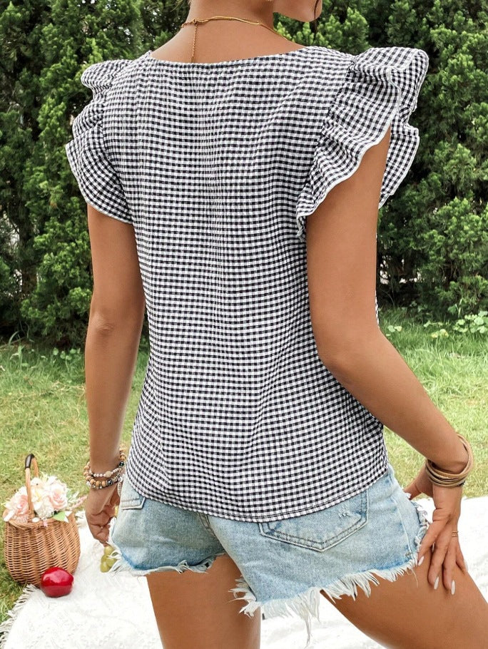 Gingham Square Neck Ruffle Sleeve Blouse Top