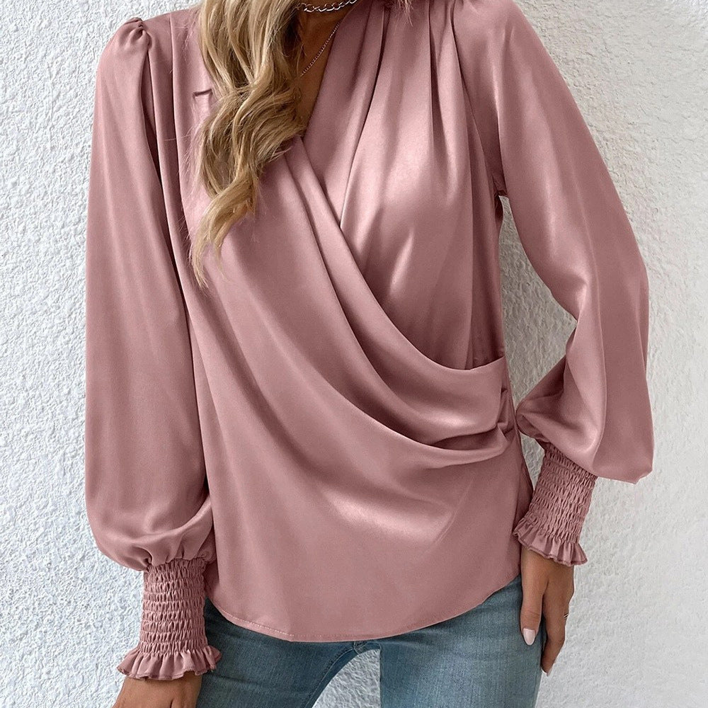 Women's Cowl Neck Blouse Balloon Sleeve Smocked Cuff Top