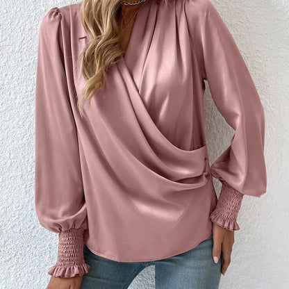 Women's Cowl Neck Blouse Balloon Sleeve Smocked Cuff Top