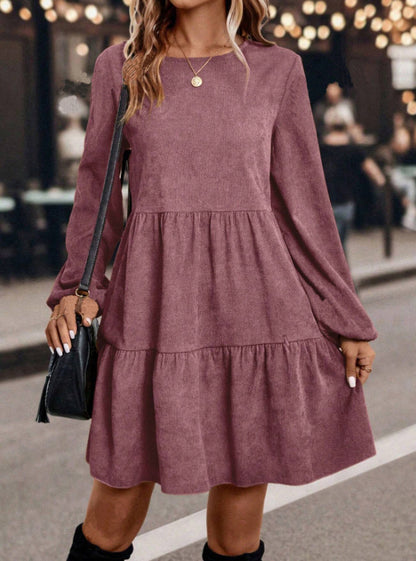 Women's Corduroy Long Sleeve Tiered Fall Casual Midi Dress