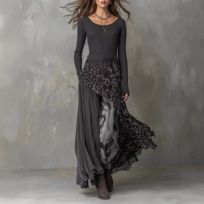 Leopard Long Sleeve Asymmetrical High Waist Maxi Dress