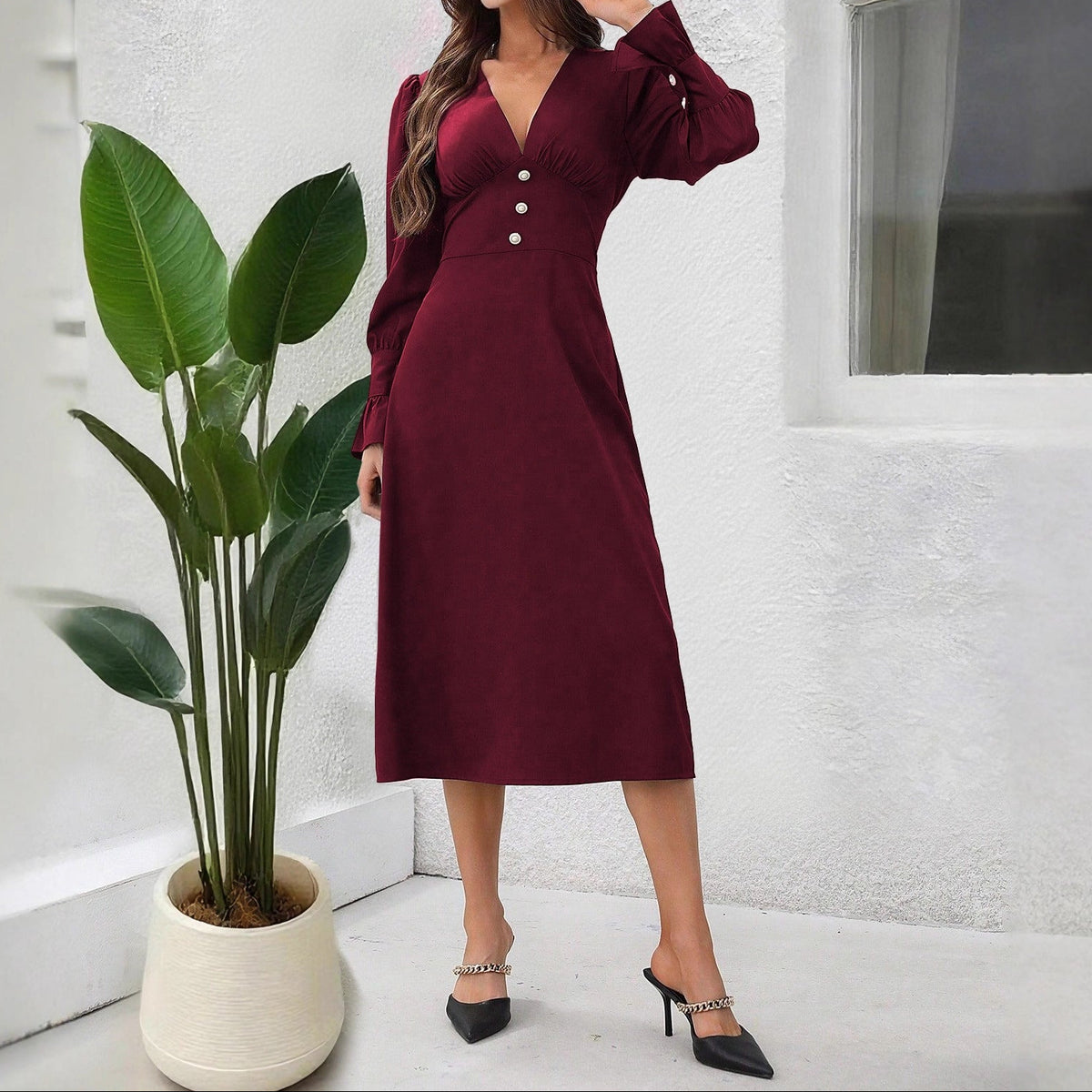 V-Neck Long Sleeve Button Front Midi Shirt Dress