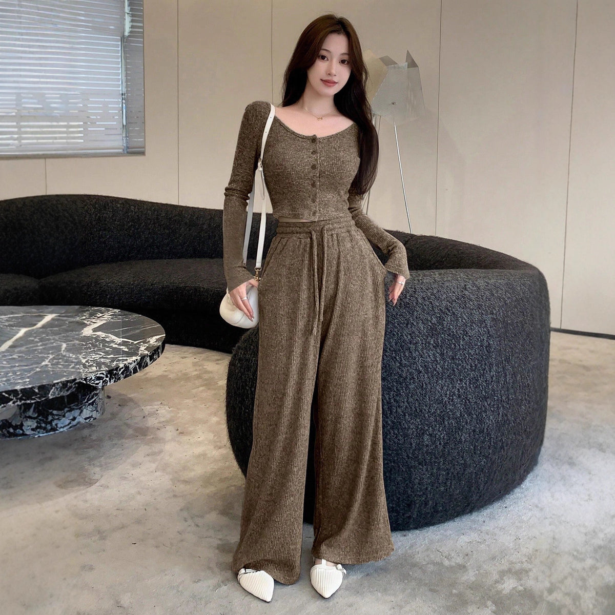 Women's Ribbed Two Piece Set Wide Leg High Waist Pants