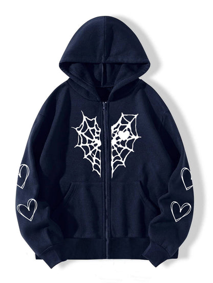 Women's Gothic Spider Web Heart Print Zip Up Hoodie