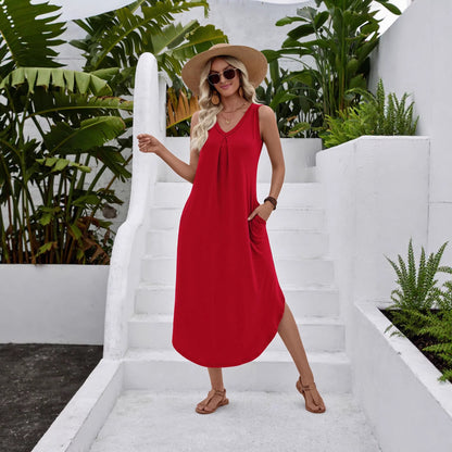 V Neck Sleeveless Pocket Midi Dress Casual Swing Sundress