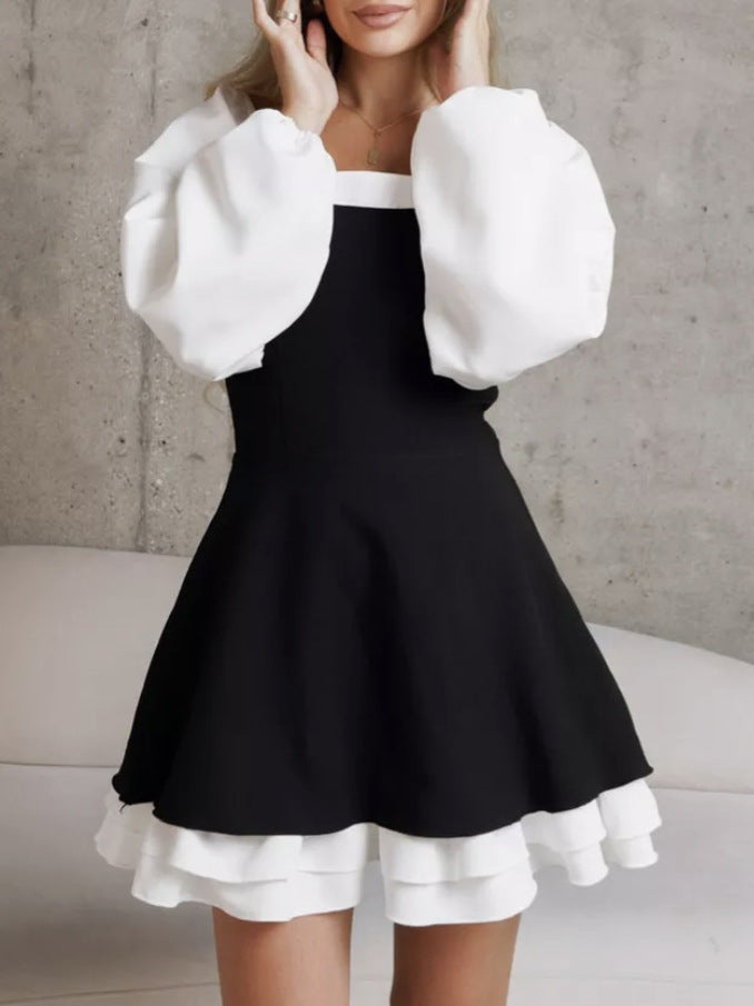 Black White Square Neck Puff Sleeve Ruffle A-Line Dress