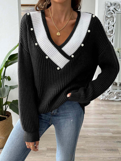 Pearl Bead Women's Clothing Contrasting Color Splicing Large V-neck Loose Pullover Sweater