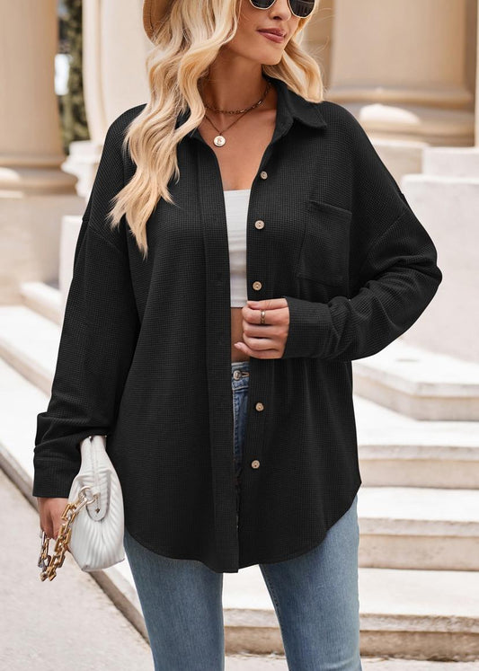 Women’s Casual Loose Fit Button Down Waffle Knit Shirt Jacket