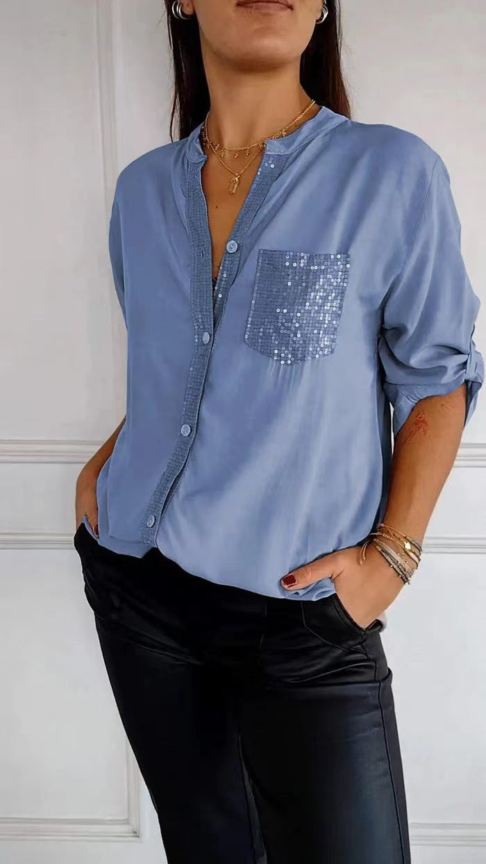 Women's Rhinestone 3/4 Sleeve Casual Button Down Blouse
