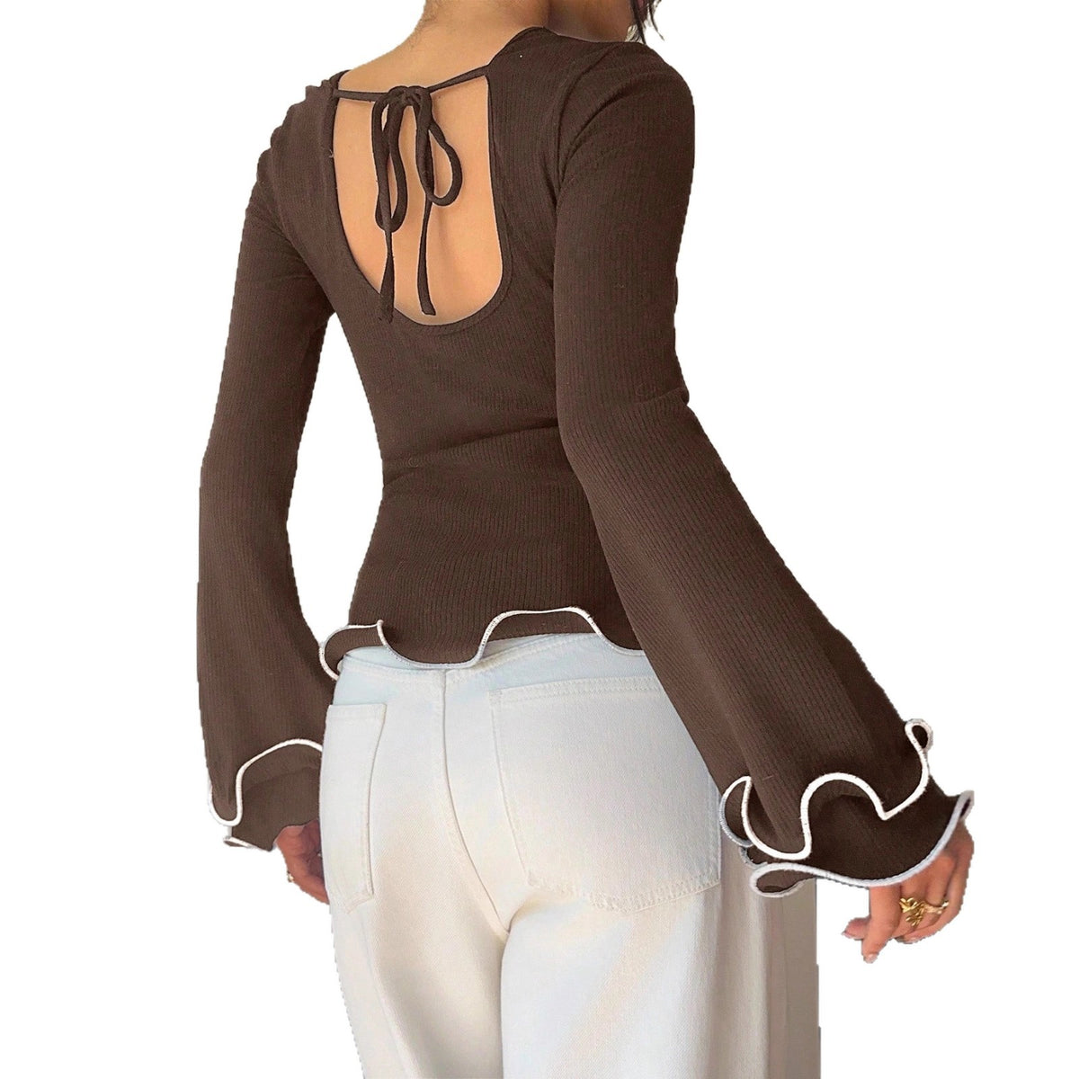 Women's Contrast Trim Ruffle Sleeve Fitted Knit Top