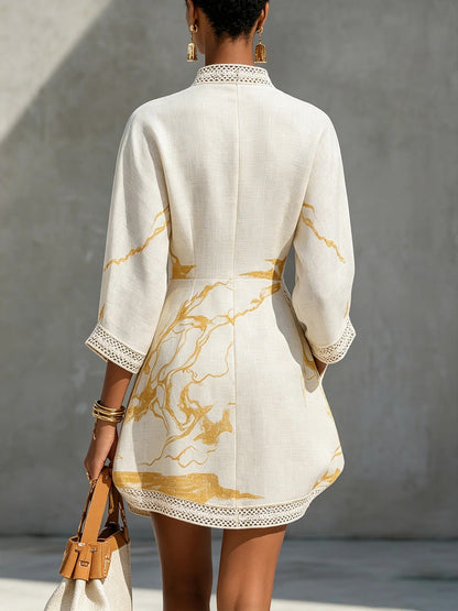 Boho V Neck Lace Trim Gold Abstract 3/4 Sleeve Mini Dress