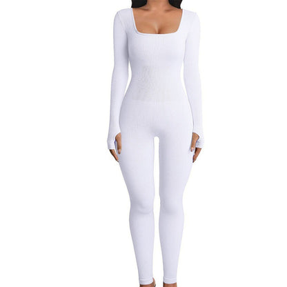 Womens Ribbed Square Neck Bodycon Long Sleeve Jumpsuit