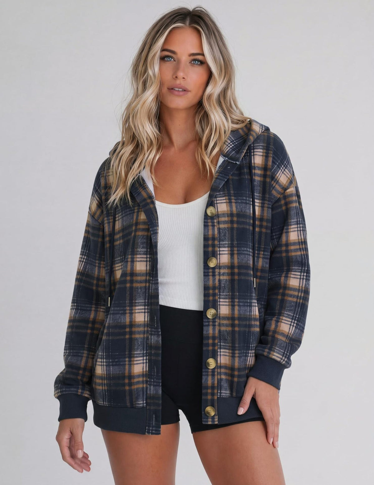Women's Oversized Hooded Plaid Shacket Jacket