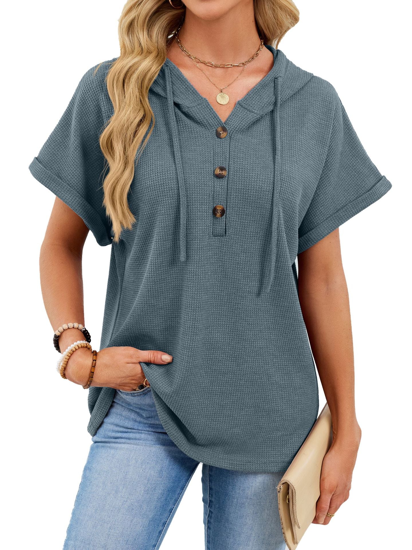 Waffle Knit Hooded Short Sleeve Button Drawstring Top