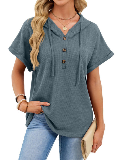 Waffle Knit Hooded Short Sleeve Button Drawstring Top