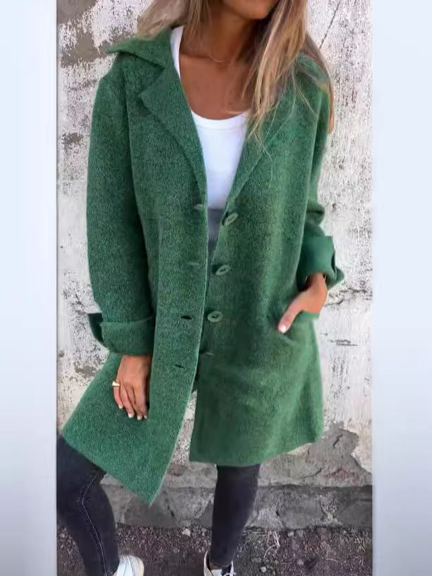 Women Long Wool Coat Lapel Button Front Jacket Pockets