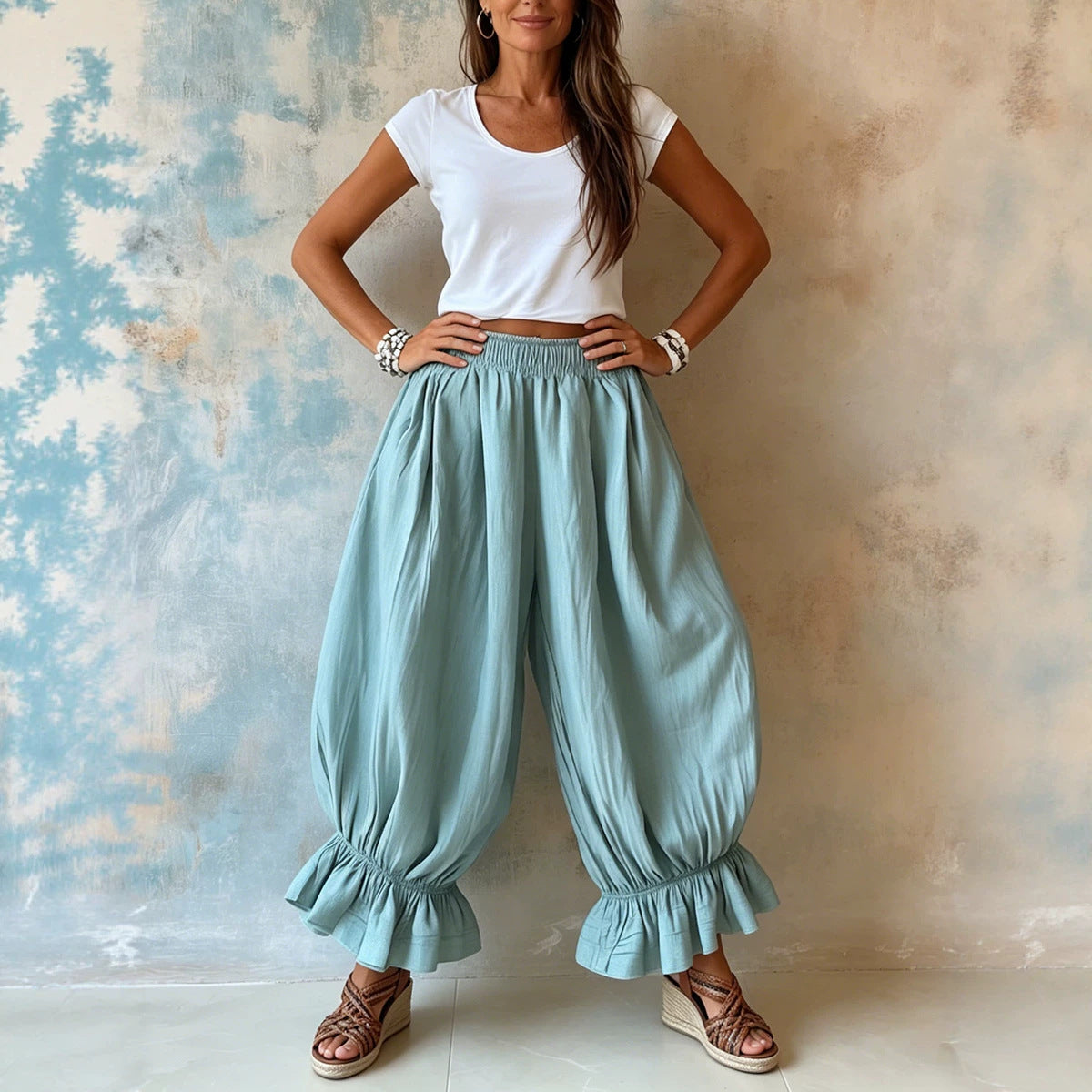 Women Ruffle Hem Balloon Pants Elastic Waist Wide Leg Boho