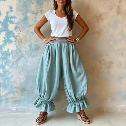 Women Ruffle Hem Balloon Pants Elastic Waist Wide Leg Boho