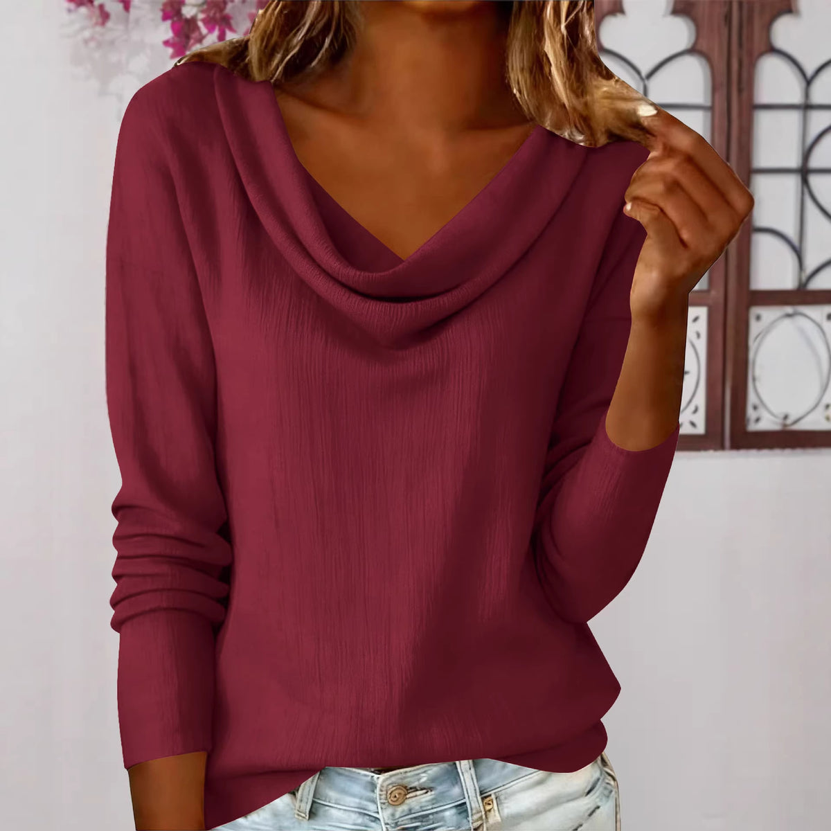 Women's Cowl Neck Long Sleeve Solid Casual Top
