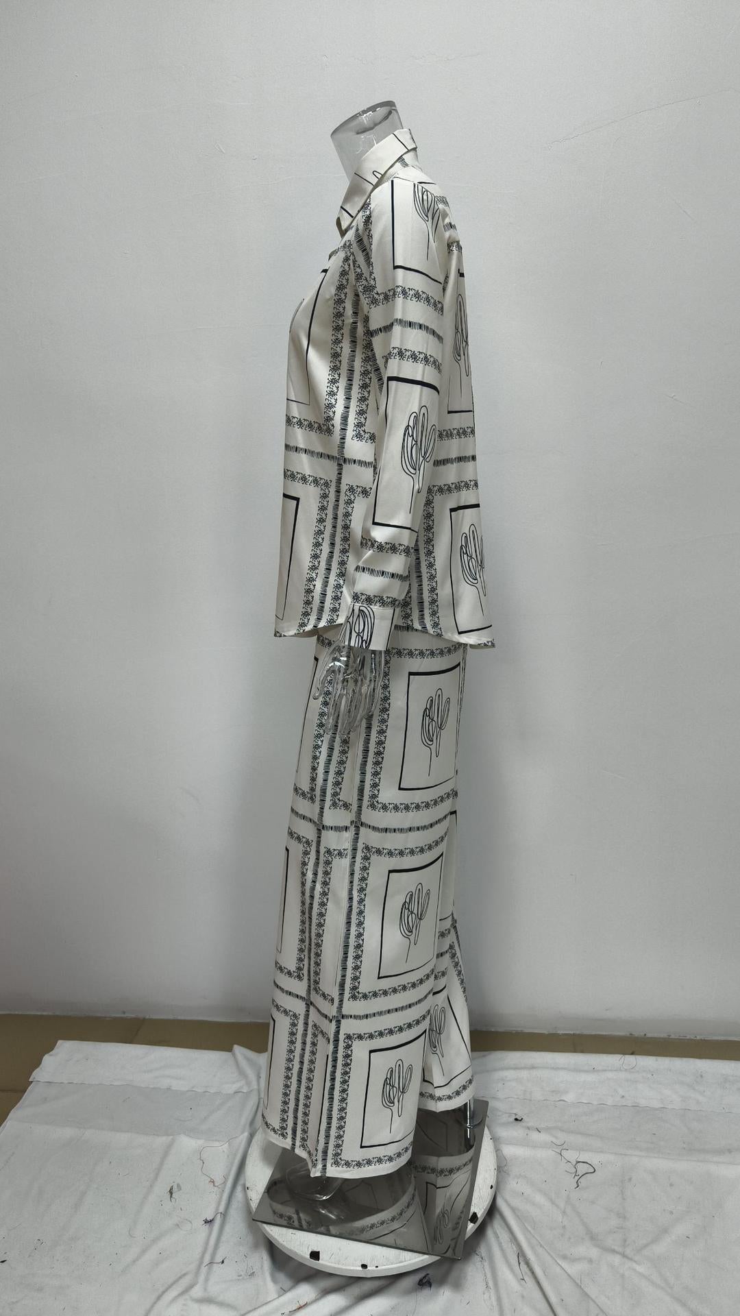 Boho Printed Button Down Shirt Wide Leg Pants Matching Set