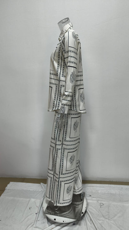 Boho Printed Button Down Shirt Wide Leg Pants Matching Set