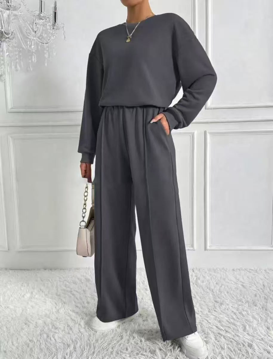 Women's Solid Crewneck Sweatshirt Wide Leg Pants Lounge Set