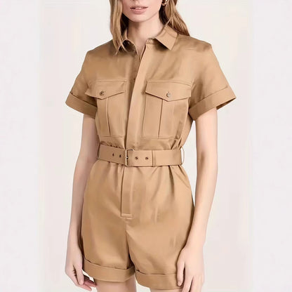 Women's Belted Utility Romper Short Sleeve Cargo Jumpsuit