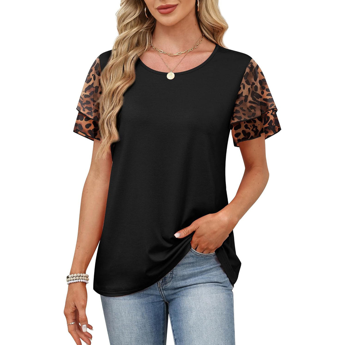 Women's Paisley Color Block Layered Sleeve Casual T-Shirt