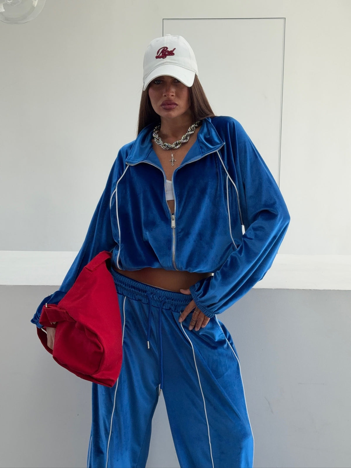 Women's Velour Contrast Piping Two Piece Track Set
