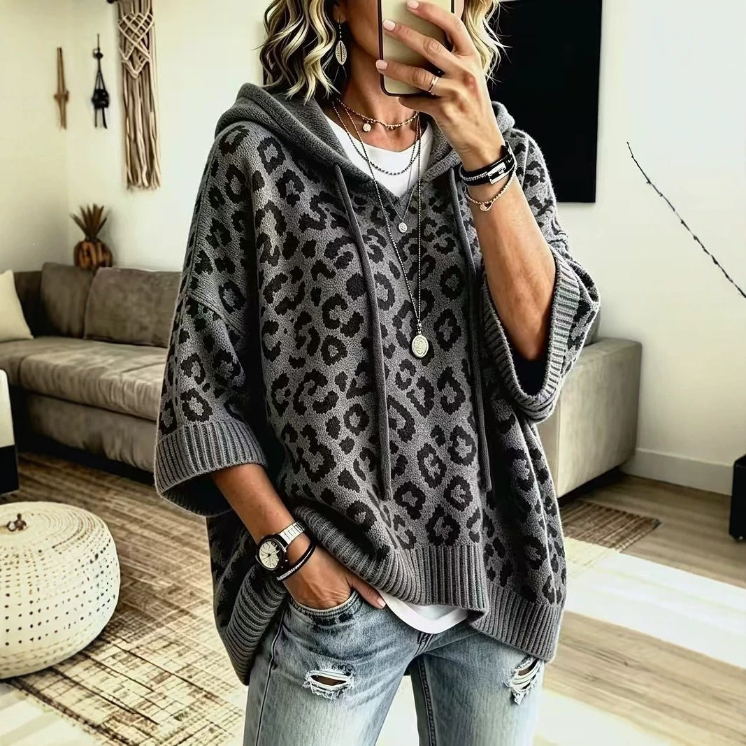 Oversized Leopard Print Hooded Knit Sweater Pullover
